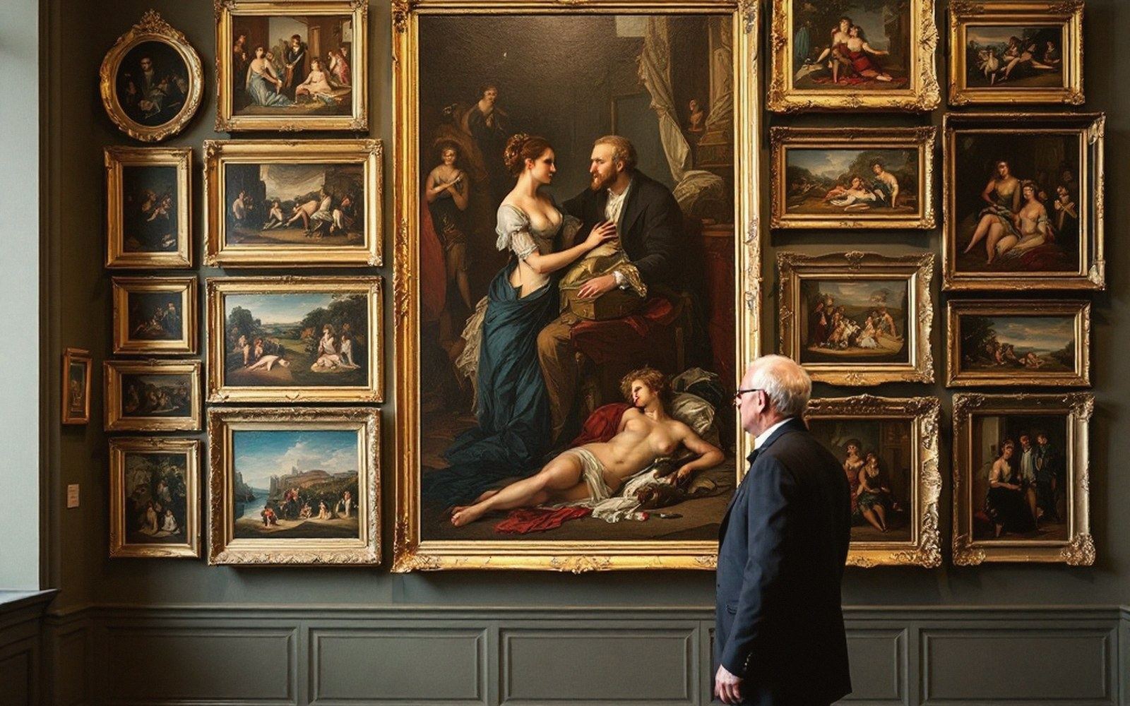 A gallery wall hung salon-style with paintings stacked four rows high in gilded frames